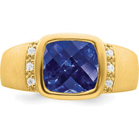 14K Yellow Gold Men's Ring with Cushion Cut Lab Created Sapphire and Round Diamonds - 4.5 Carat Sapphire, 0.015 Carat Diamond by 0