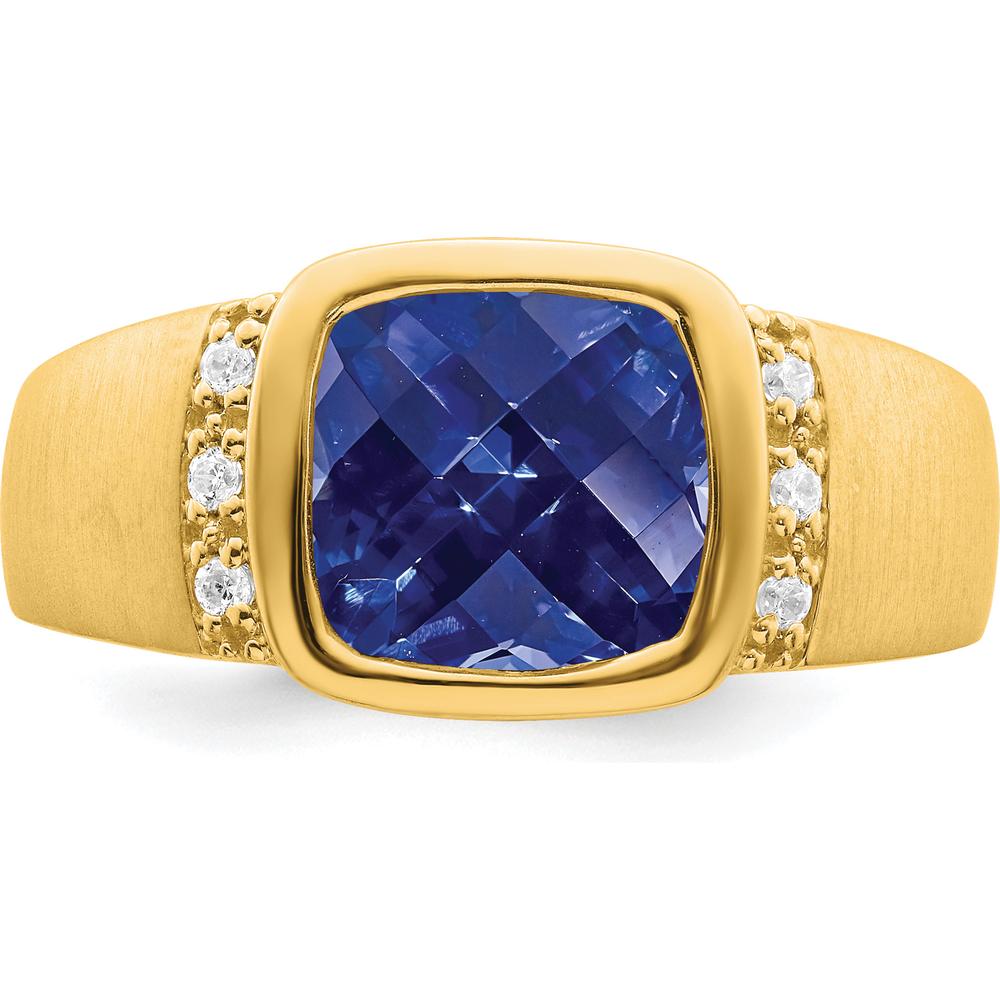 14K Yellow Gold Men's Ring with Cushion Cut Lab Created Sapphire and Round Diamonds - 4.5 Carat Sapphire, 0.015 Carat Diamond by 0