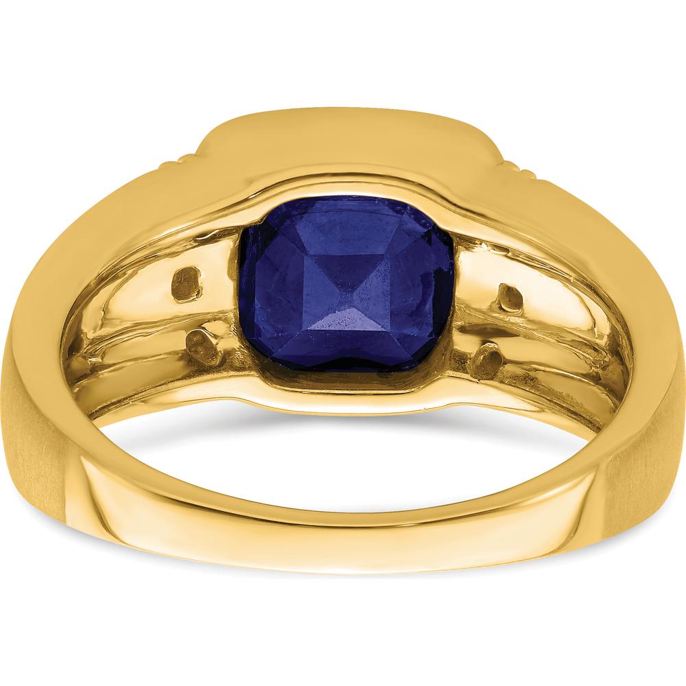 14K Yellow Gold Men's Ring with Cushion Cut Lab Created Sapphire and Round Diamonds - 4.5 Carat Sapphire, 0.015 Carat Diamond by 0