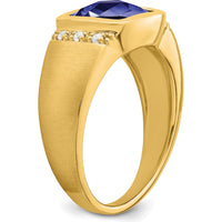 14K Yellow Gold Men's Ring with Cushion Cut Lab Created Sapphire and Round Diamonds - 4.5 Carat Sapphire, 0.015 Carat Diamond by 0