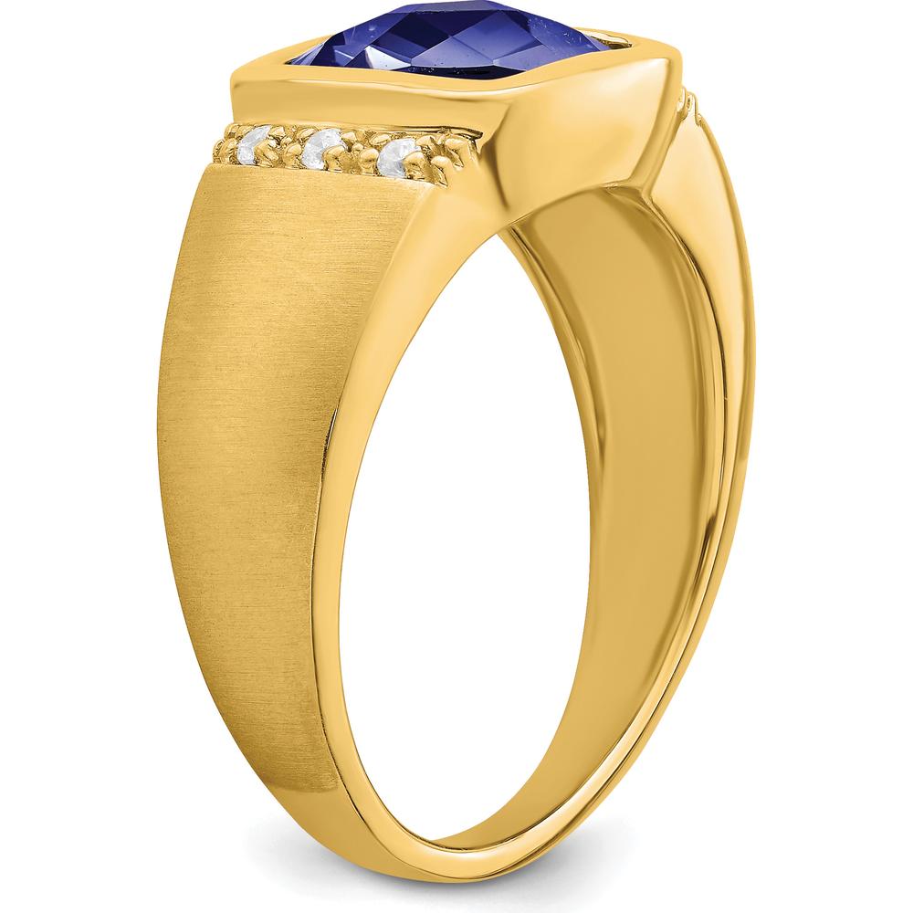 14K Yellow Gold Men's Ring with Cushion Cut Lab Created Sapphire and Round Diamonds - 4.5 Carat Sapphire, 0.015 Carat Diamond by 0