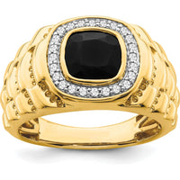 14K Yellow Gold Men's Ring with Cushion Cut Onyx and Round Diamonds - 0.01 Carat Diamond Weight by 0