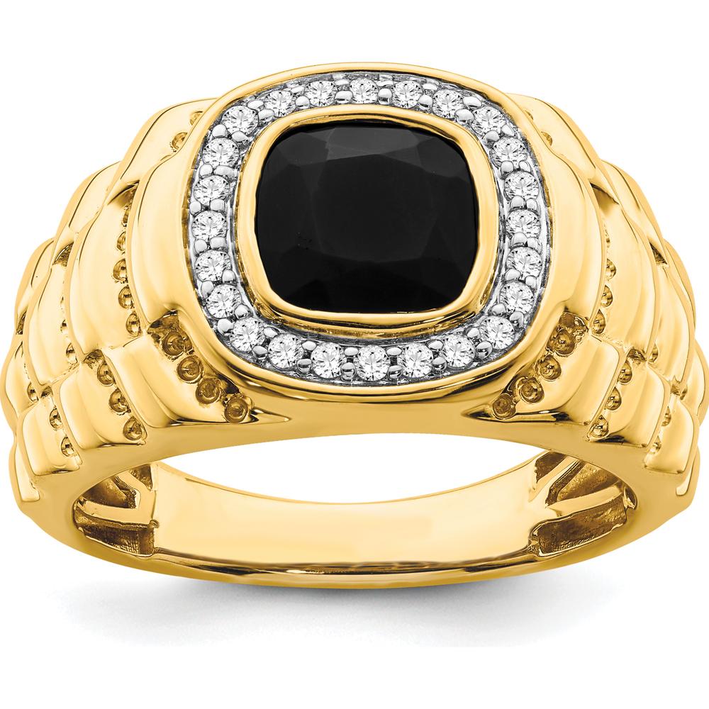 14K Yellow Gold Men's Ring with Cushion Cut Onyx and Round Diamonds - 0.01 Carat Diamond Weight by 0
