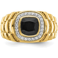 14K Yellow Gold Men's Ring with Cushion Cut Onyx and Round Diamonds - 0.01 Carat Diamond Weight by 0