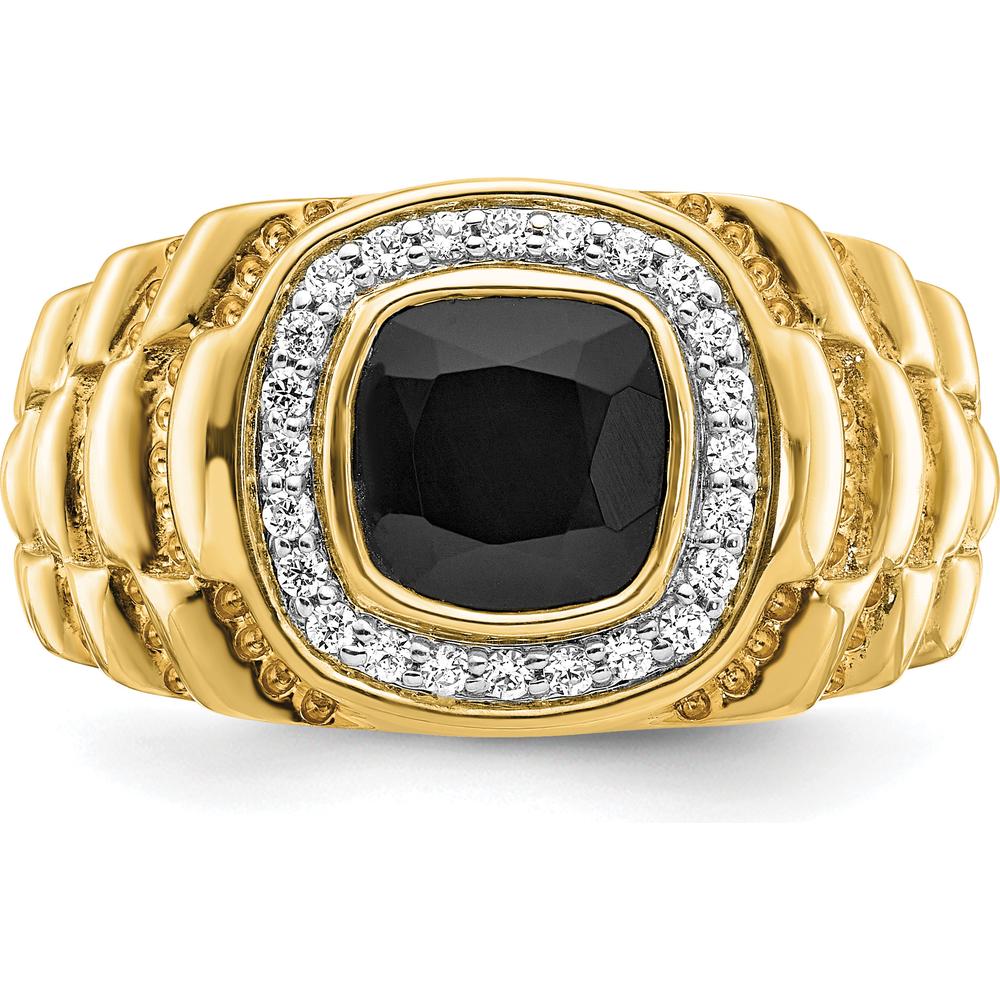 14K Yellow Gold Men's Ring with Cushion Cut Onyx and Round Diamonds - 0.01 Carat Diamond Weight by 0