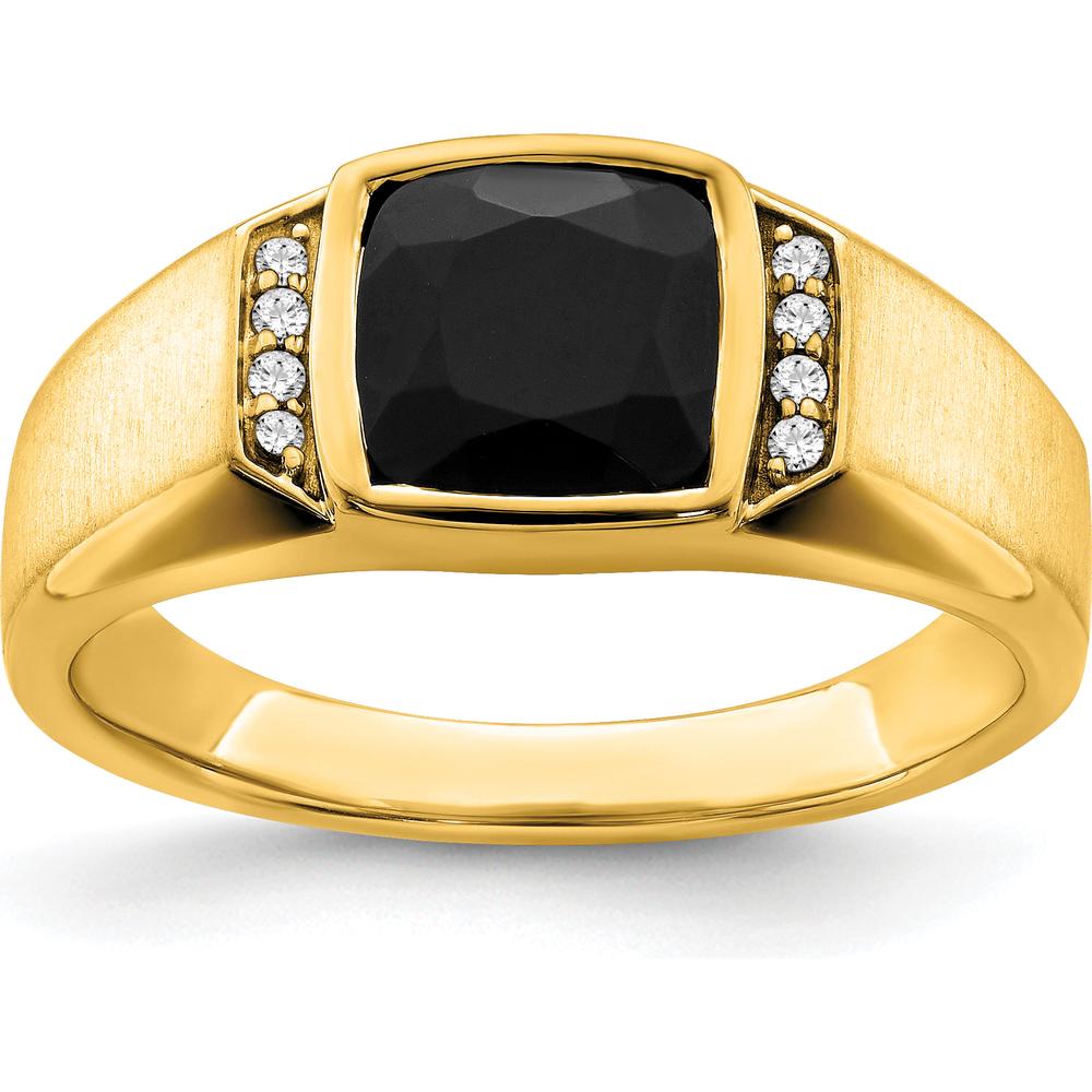 14K Yellow Gold Men's Ring with Cushion Cut Onyx and Round Diamonds - 0.08 Carat Total Diamond Weight by 0