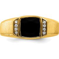 14K Yellow Gold Men's Ring with Cushion Cut Onyx and Round Diamonds - 0.08 Carat Total Diamond Weight by 0
