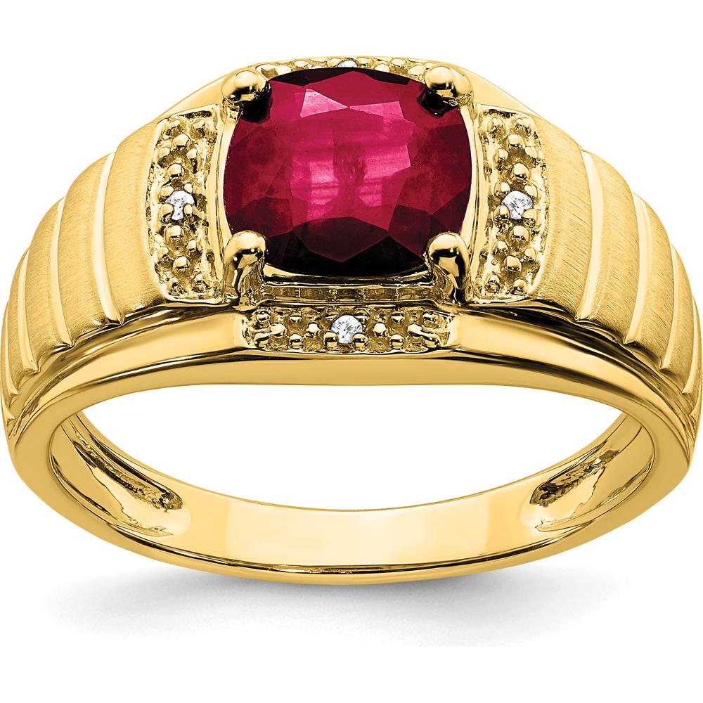 14K Yellow Gold Men's Ring with Cushion Lab-Created Ruby and Round Diamonds - 2.5 Carat Total Ruby Weight by 0