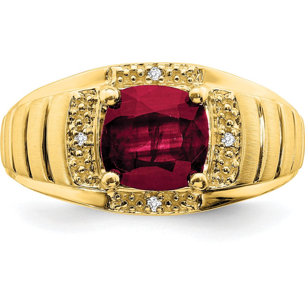 14K Yellow Gold Men's Ring with Cushion Lab-Created Ruby and Round Diamonds - 2.5 Carat Total Ruby Weight by 0