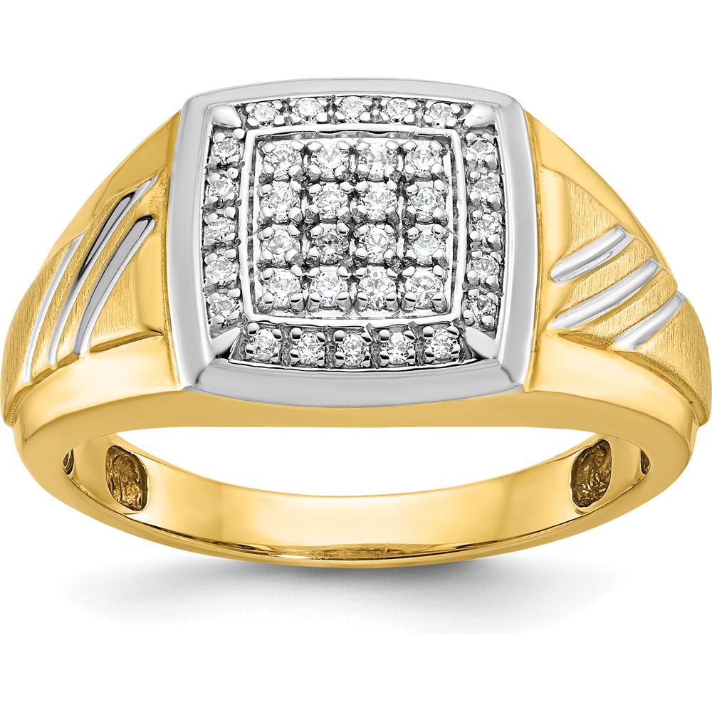 14K Yellow Gold Men's Ring with Diamond Square Cluster and Grooved Band by IBGoodman