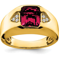 14K Yellow Gold Men's Ring with Emerald-Cut Lab-Created Ruby and Diamond Accents - 3.76 Carat Total Ruby Weight, 0.09 Carat Total Diamond Weight by 0