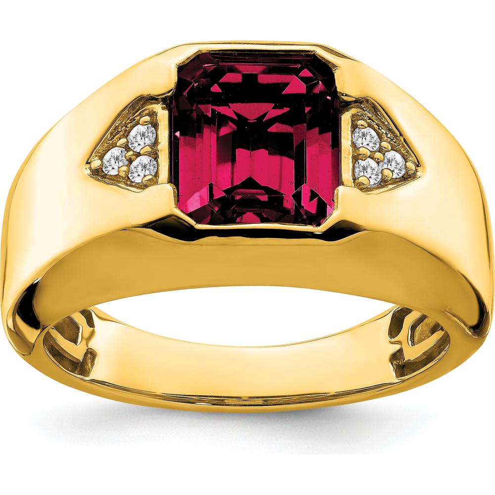 14K Yellow Gold Men's Ring with Emerald-Cut Lab-Created Ruby and Diamond Accents - 3.76 Carat Total Ruby Weight, 0.09 Carat Total Diamond Weight by 0