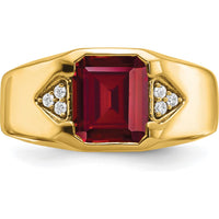 14K Yellow Gold Men's Ring with Emerald-Cut Lab-Created Ruby and Diamond Accents - 3.76 Carat Total Ruby Weight, 0.09 Carat Total Diamond Weight by 0
