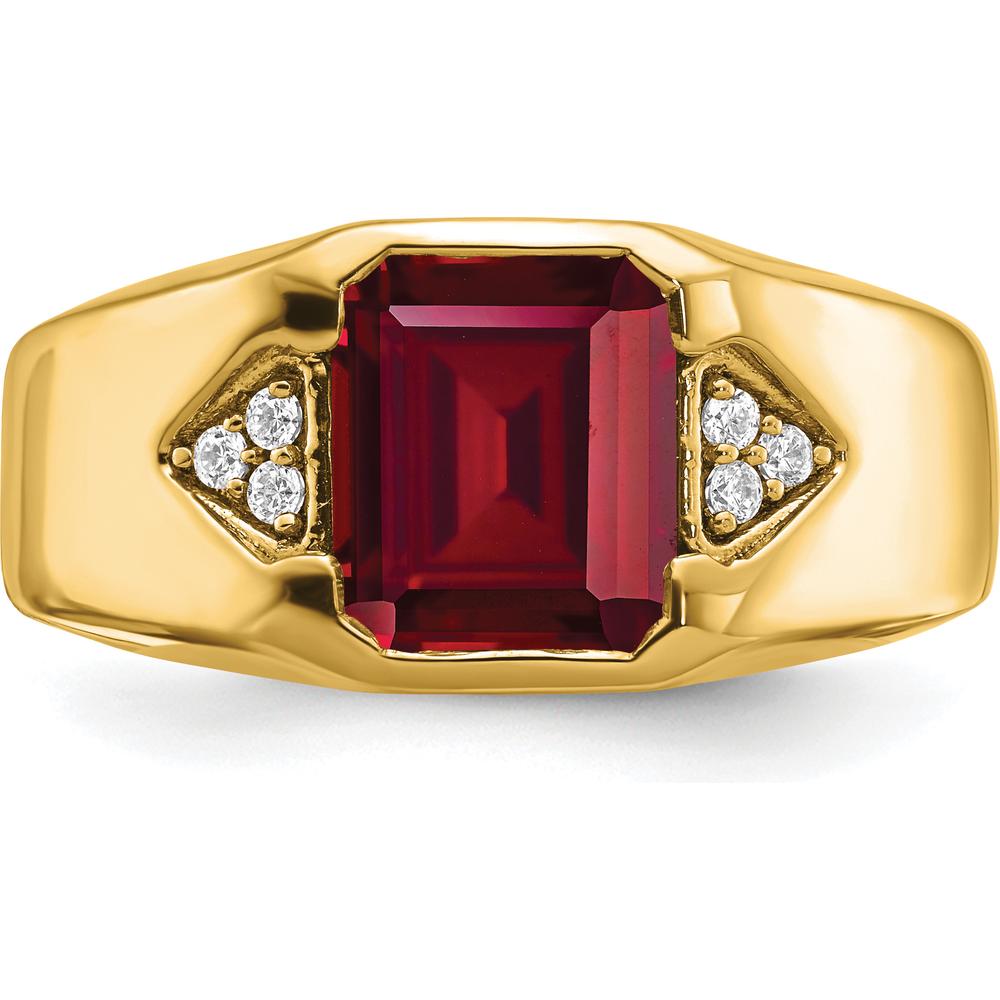 14K Yellow Gold Men's Ring with Emerald-Cut Lab-Created Ruby and Diamond Accents - 3.76 Carat Total Ruby Weight, 0.09 Carat Total Diamond Weight by 0