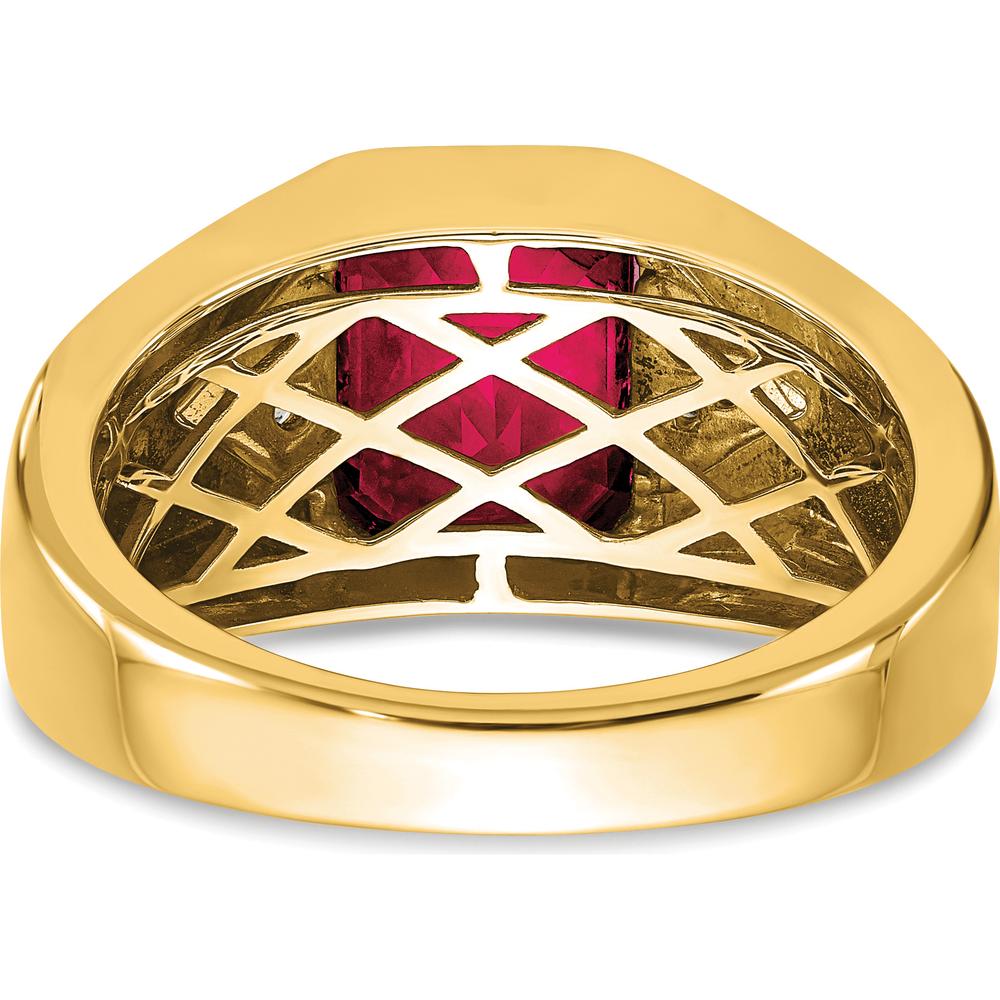14K Yellow Gold Men's Ring with Emerald-Cut Lab-Created Ruby and Diamond Accents - 3.76 Carat Total Ruby Weight, 0.09 Carat Total Diamond Weight by 0