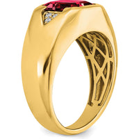 14K Yellow Gold Men's Ring with Emerald-Cut Lab-Created Ruby and Diamond Accents - 3.76 Carat Total Ruby Weight, 0.09 Carat Total Diamond Weight by 0