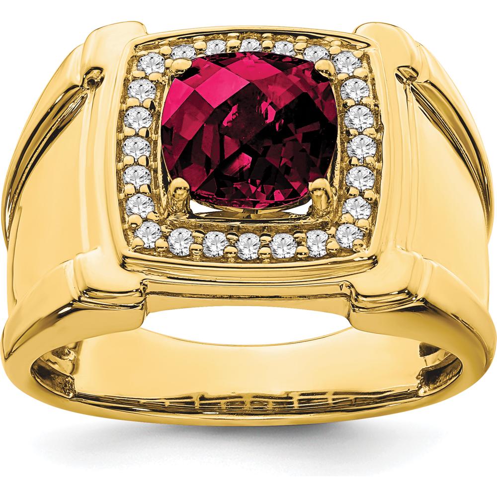 14K Yellow Gold Men's Ring with Lab-Created Cushion Cut Ruby and Round Diamonds - 2.47 Carat Total Gemstone Weight by 0