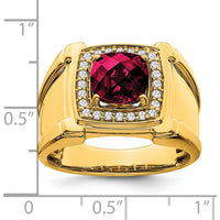 14K Yellow Gold Men's Ring with Lab-Created Cushion Cut Ruby and Round Diamonds - 2.47 Carat Total Gemstone Weight by 0