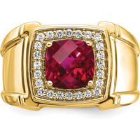 14K Yellow Gold Men's Ring with Lab-Created Cushion Cut Ruby and Round Diamonds - 2.47 Carat Total Gemstone Weight by 0
