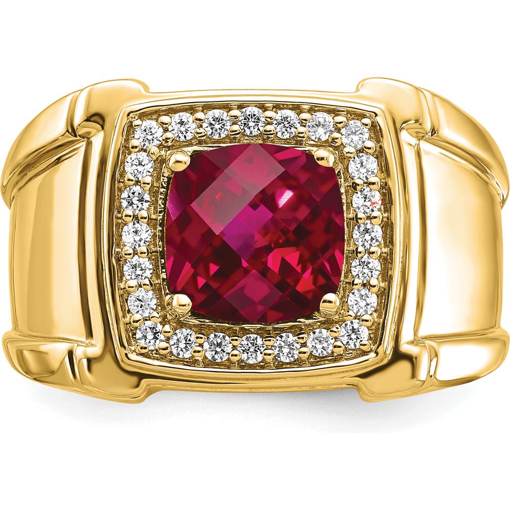 14K Yellow Gold Men's Ring with Lab-Created Cushion Cut Ruby and Round Diamonds - 2.47 Carat Total Gemstone Weight by 0