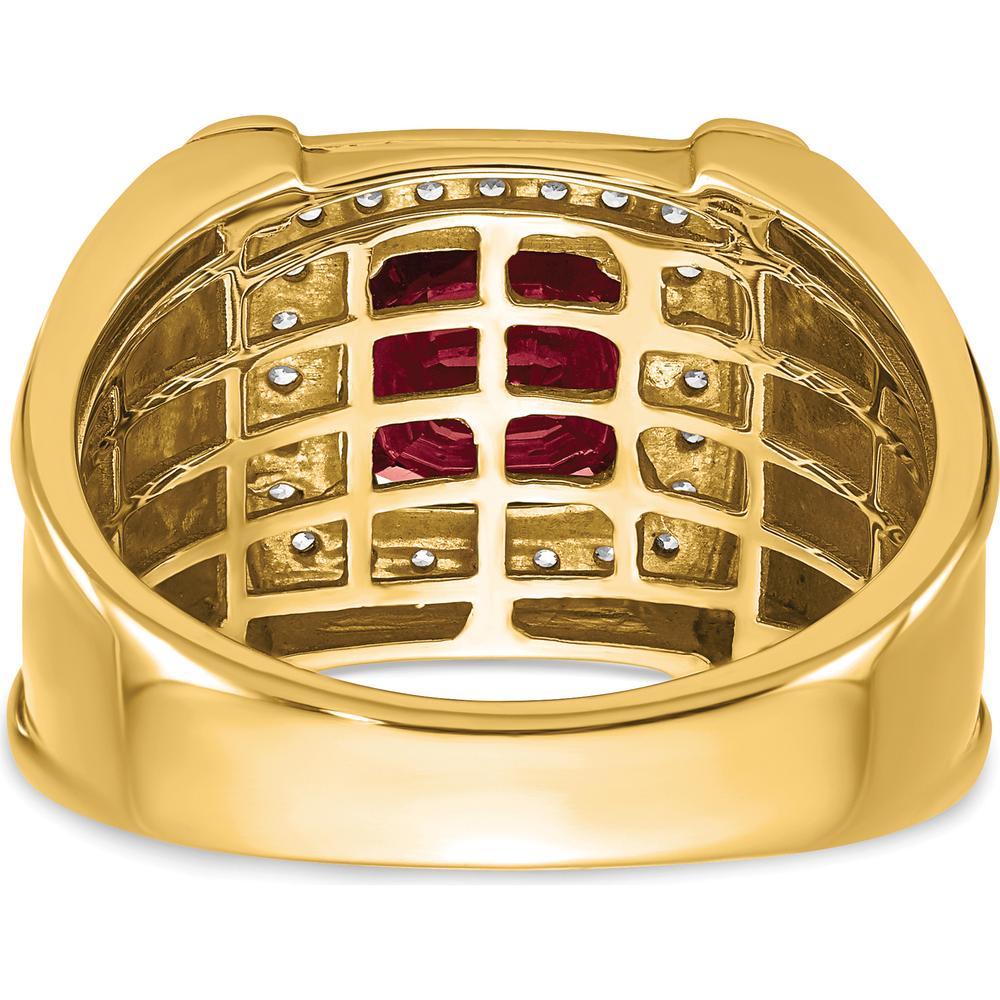 14K Yellow Gold Men's Ring with Lab-Created Cushion Cut Ruby and Round Diamonds - 2.47 Carat Total Gemstone Weight by 0