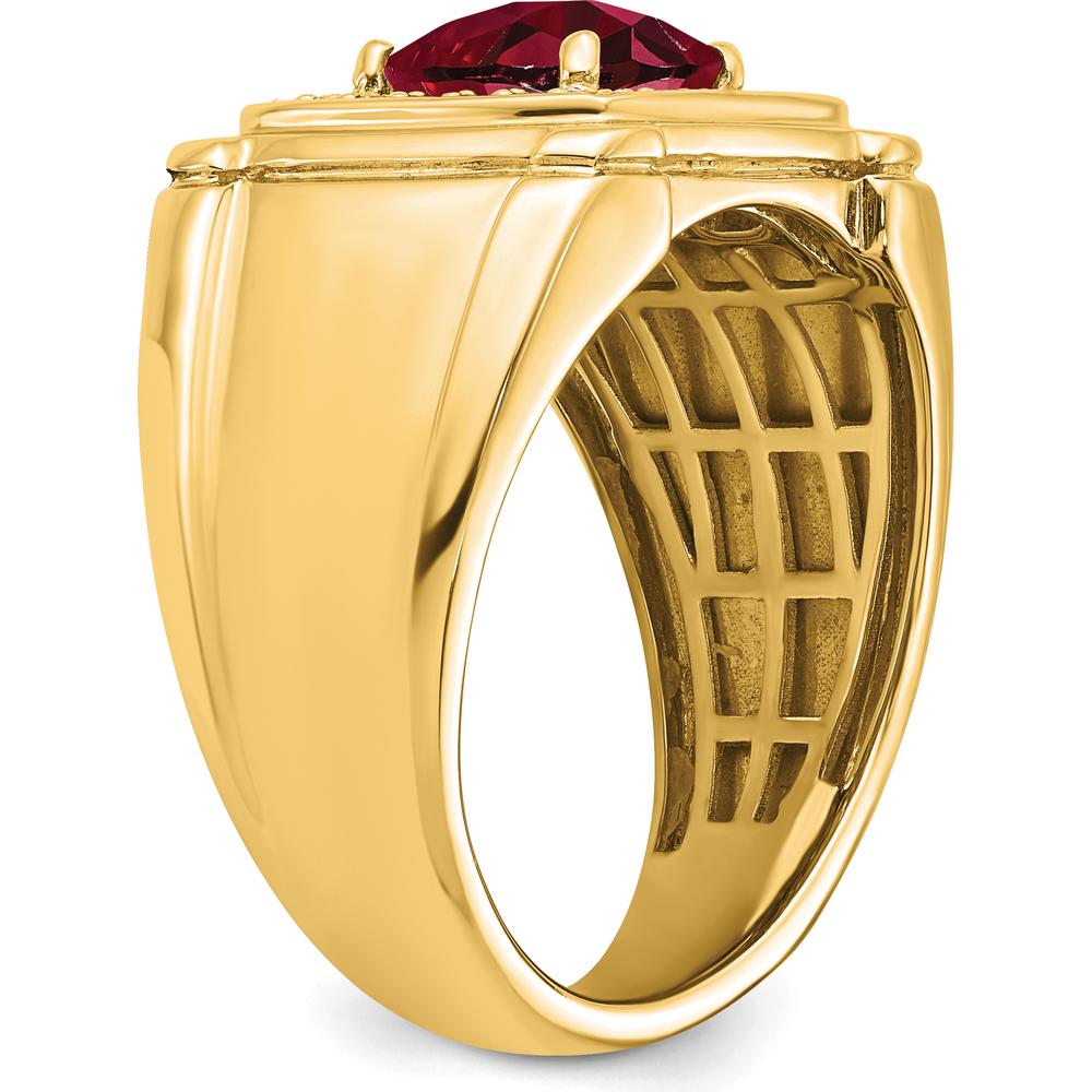 14K Yellow Gold Men's Ring with Lab-Created Cushion Cut Ruby and Round Diamonds - 2.47 Carat Total Gemstone Weight by 0