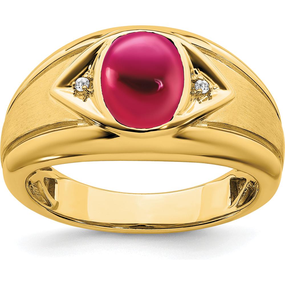 14K Yellow Gold Men's Ring with Lab-Created Ruby (3.27ct) and Round Diamonds (0.01ct) by 0