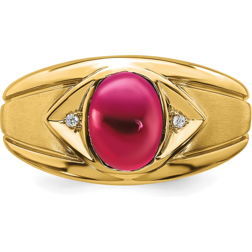 14K Yellow Gold Men's Ring with Lab-Created Ruby (3.27ct) and Round Diamonds (0.01ct) by 0