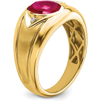 14K Yellow Gold Men's Ring with Lab-Created Ruby (3.27ct) and Round Diamonds (0.01ct) by 0
