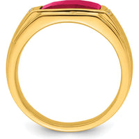 14K Yellow Gold Men's Ring with Lab Created Ruby and Round Diamonds - 3.8 Carat Ruby Weight, 0.08 Carat Diamond Total Weight by 0