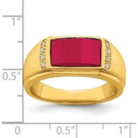 14K Yellow Gold Men's Ring with Lab Created Ruby and Round Diamonds - 3.8 Carat Ruby Weight, 0.08 Carat Diamond Total Weight by 0