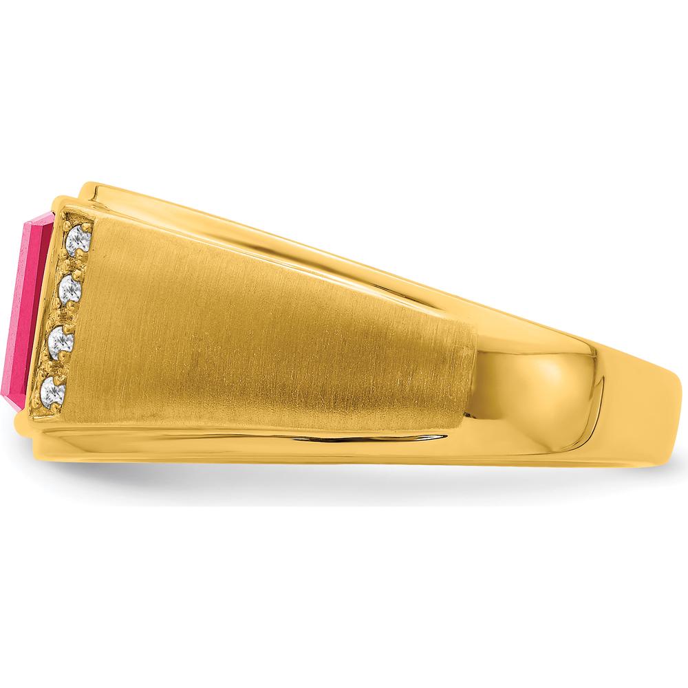 14K Yellow Gold Men's Ring with Lab Created Ruby and Round Diamonds - 3.8 Carat Ruby Weight, 0.08 Carat Diamond Total Weight by 0