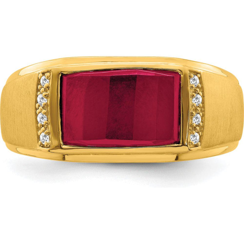 14K Yellow Gold Men's Ring with Lab Created Ruby and Round Diamonds ...