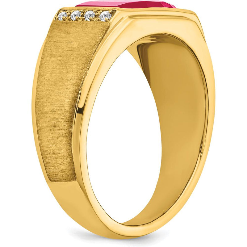 14K Yellow Gold Men's Ring with Lab Created Ruby and Round Diamonds ...