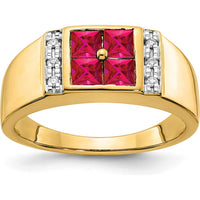 14K Yellow Gold Men's Ring with Lab-Created Square Rubies and Round Diamonds - 0.39 Carat Total Gemstone Weight by 0