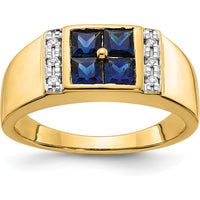 14K Yellow Gold Men's Ring with Lab-Created Square Sapphires and Round Diamonds - 0.3 Carat Total Sapphire Weight, 0.048 Carat Total Diamond Weight by 0