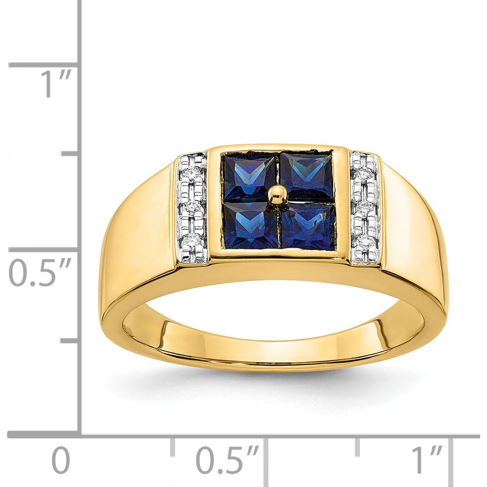 14K Yellow Gold Men's Ring with Lab-Created Square Sapphires and Round Diamonds - 0.3 Carat Total Sapphire Weight, 0.048 Carat Total Diamond Weight by 0