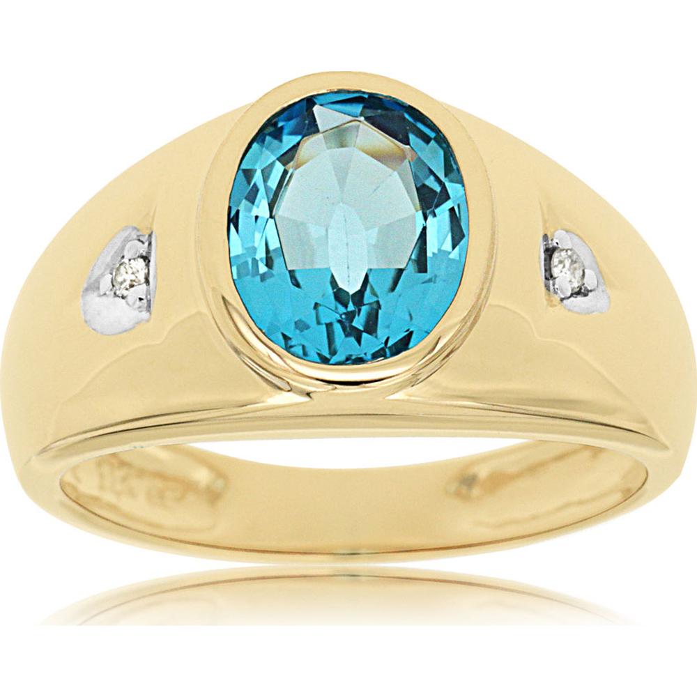 14K Yellow Gold Men's Ring with Oval Blue Topaz and Diamond Accents - 3.25 Carat Blue Topaz & 0.04 Carat Total Diamond Weight - Royal Jewelry