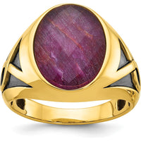 14K Yellow Gold Men's Ring with Oval Ruby Doublet and Black Rhodium Accents by IBGoodman