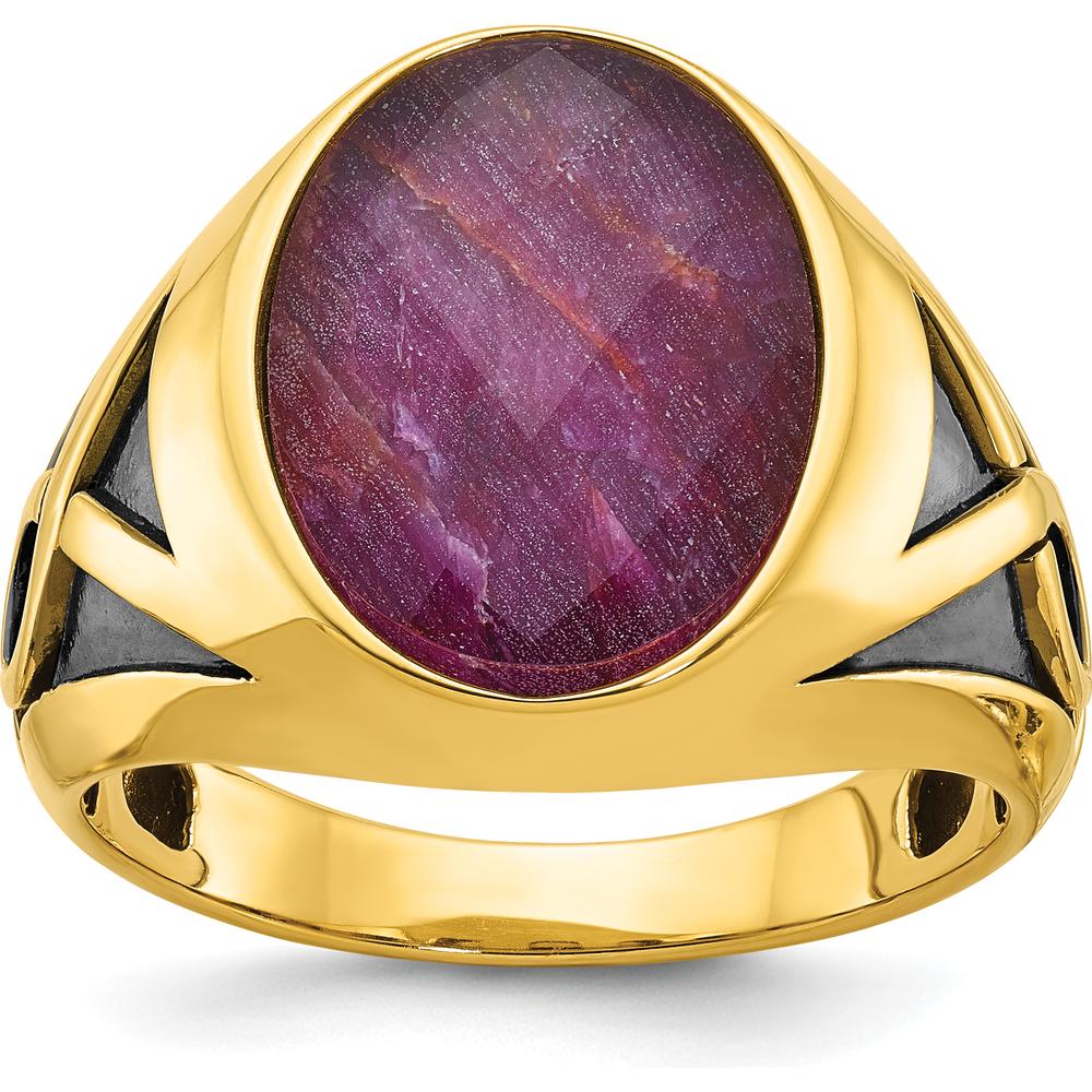 14K Yellow Gold Men's Ring with Oval Ruby Doublet and Black Rhodium Accents by IBGoodman
