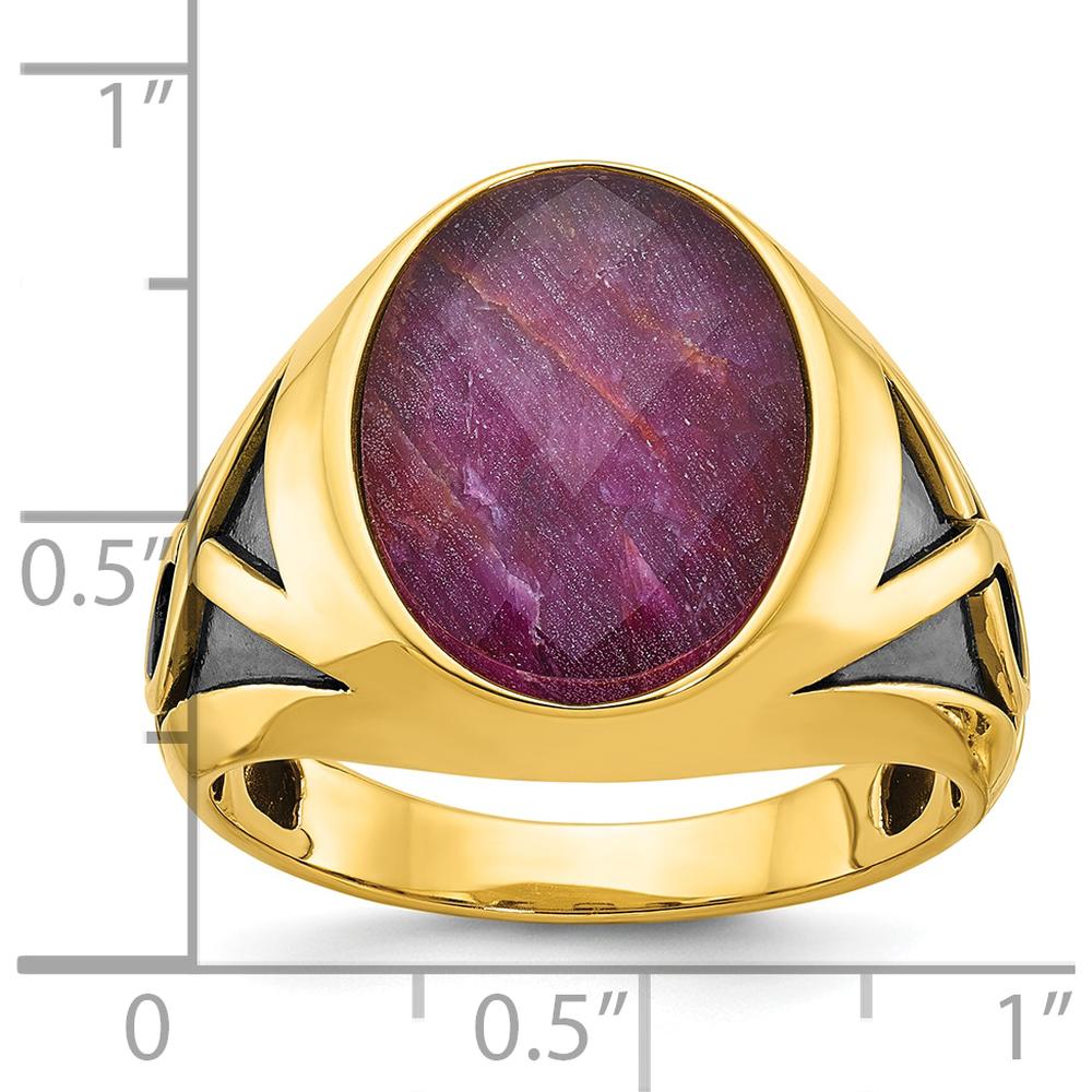 14K Yellow Gold Men's Ring with Oval Ruby Doublet and Black Rhodium Accents by IBGoodman