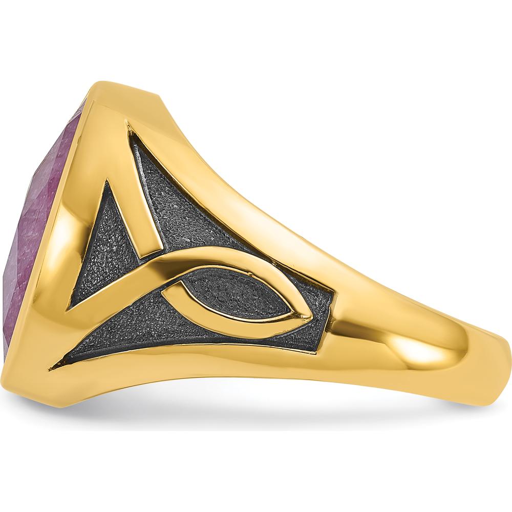 14K Yellow Gold Men's Ring with Oval Ruby Doublet and Black Rhodium Accents by IBGoodman
