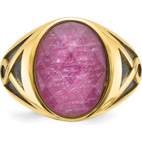 14K Yellow Gold Men's Ring with Oval Ruby Doublet and Black Rhodium Accents by IBGoodman