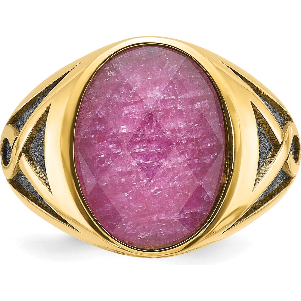 14K Yellow Gold Men's Ring with Oval Ruby Doublet and Black Rhodium Accents by IBGoodman