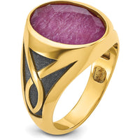 14K Yellow Gold Men's Ring with Oval Ruby Doublet and Black Rhodium Accents by IBGoodman