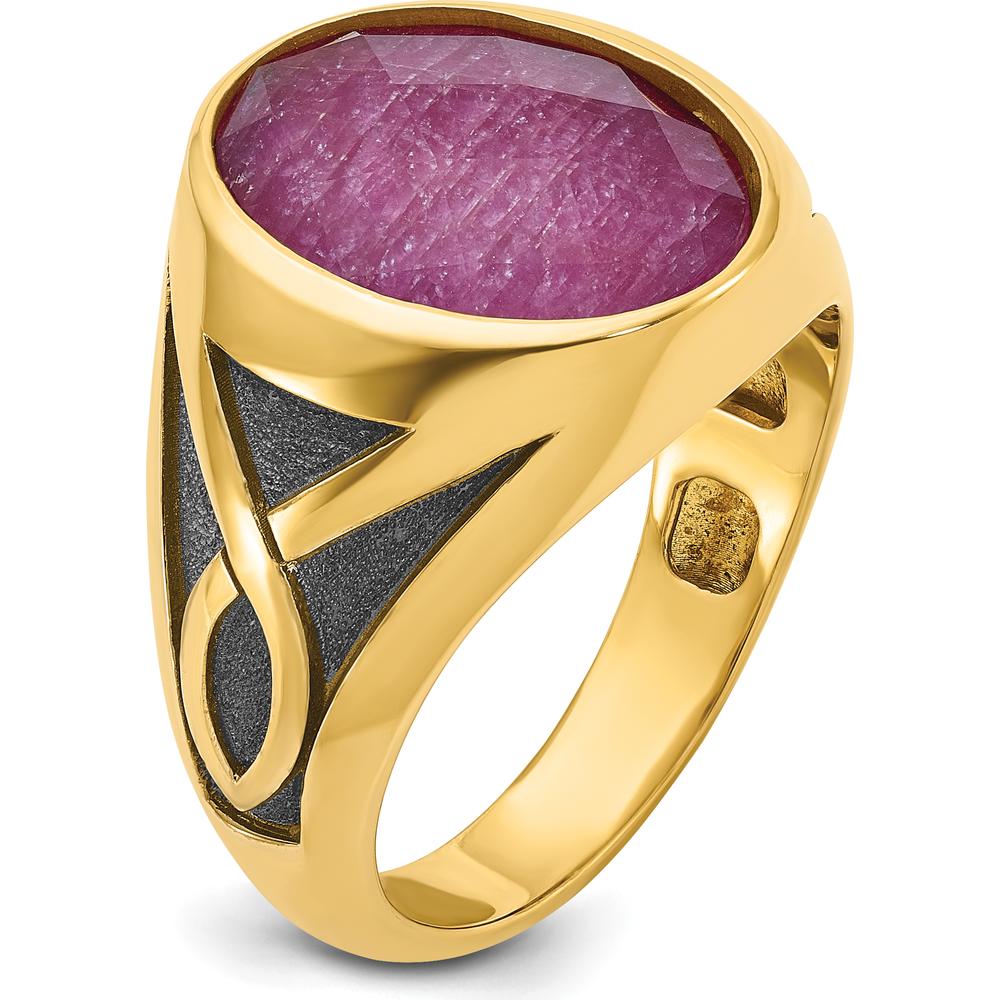 14K Yellow Gold Men's Ring with Oval Ruby Doublet and Black Rhodium Accents by IBGoodman