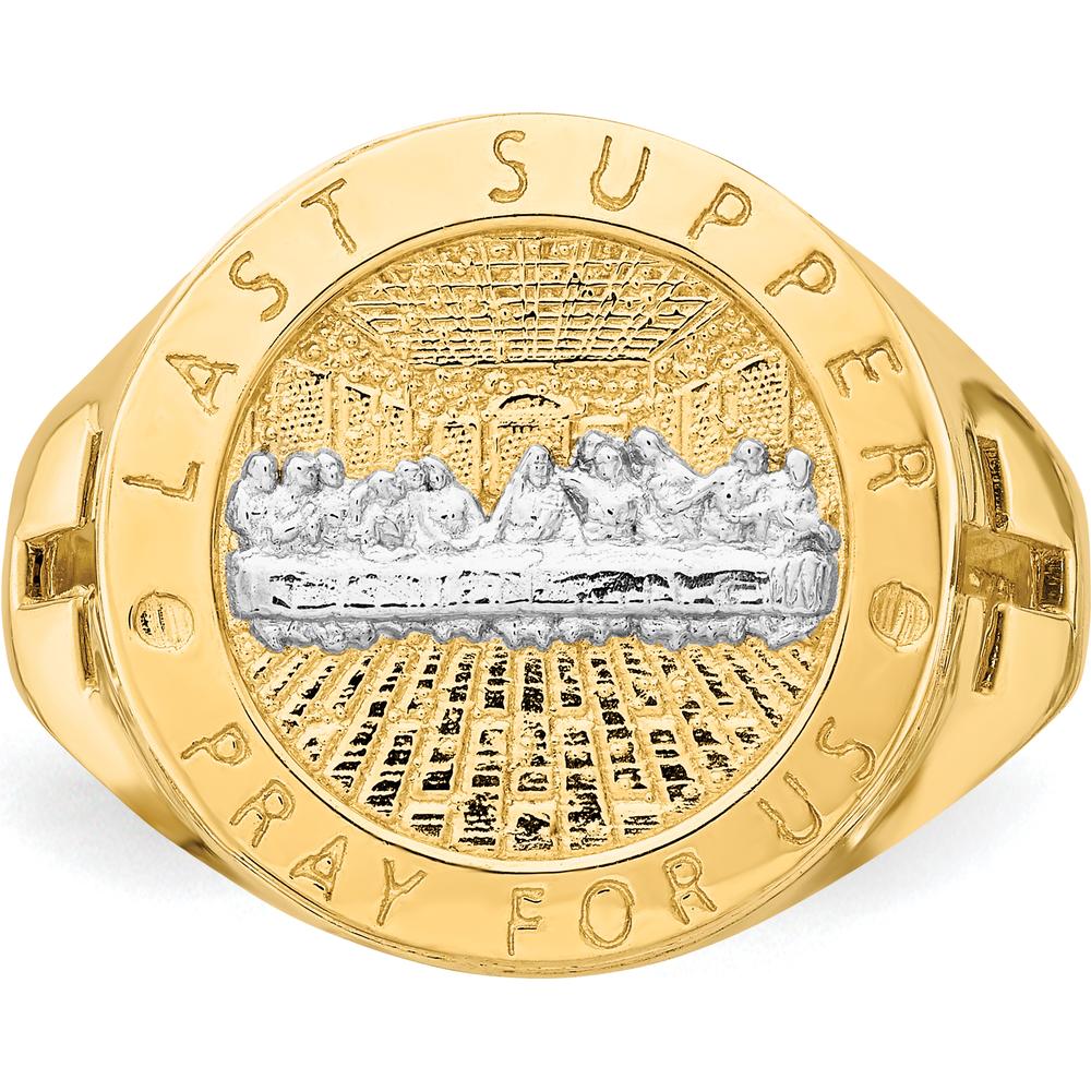 14K Yellow Gold Men's Ring with Rhodium-Plated Last Supper Design and Engraved Prayer - Themed Ring by 0