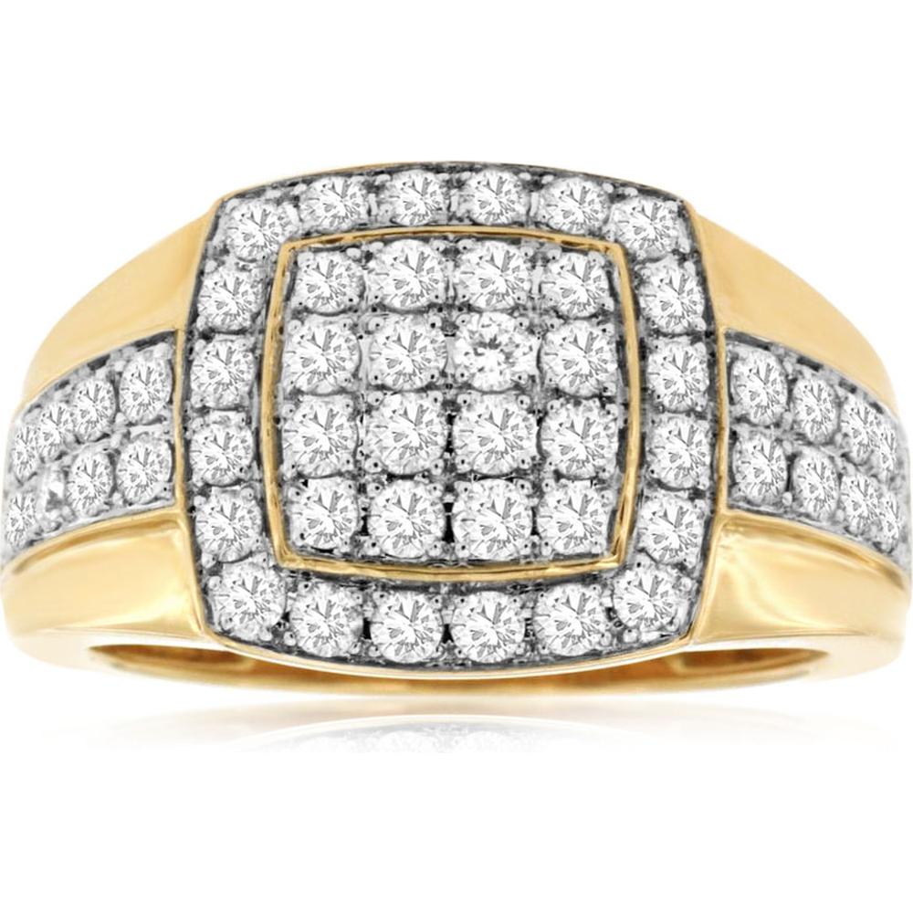 14K Yellow Gold Men's Ring with Square Halo Pavé Set Round Diamonds - 1.50 Carat Total Diamond Weight - Royal Jewelry