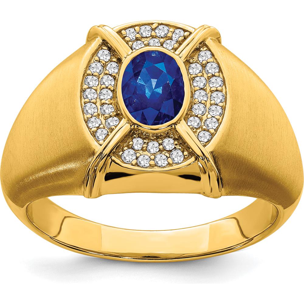 14K Yellow Gold Men's Sapphire and Diamond Ring with Lab-Created Oval Sapphire - 1.165 Carat Total Sapphire Weight by 0
