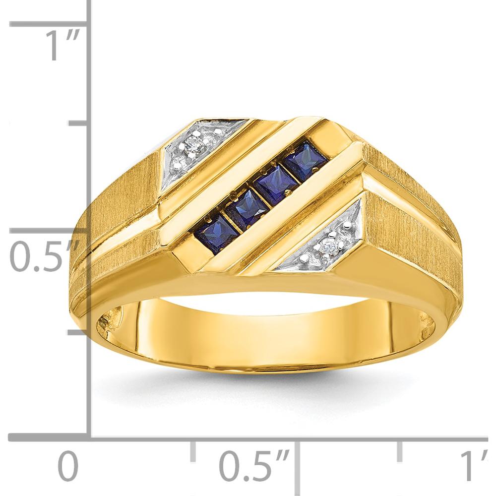 14K Yellow Gold Men's Satin Band Ring with Square Sapphire and Diamond Accents by IBGoodman